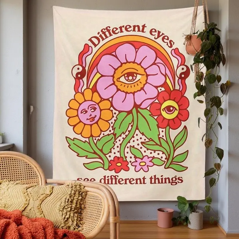 1pc Boho Rainbow Floral Print Linen Tapestry Wall Hanging - Vibrant Pink,Yellow,Blue,Green Flowers with "See Different Things" Inspirational Design - Polyester Peach Light Beige Cloth Mat Photo Backdrop - Horizontal for Living Room,Bedroom Decor, Digital