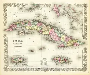 Cuba, Jamaica, and Puerto Rico - Physical Map, 1856 - Historical Map Print