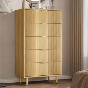 44.3" Tall Fluted 5 Drawer Dresser with Metal Handles, Modern Wood Storage Chest