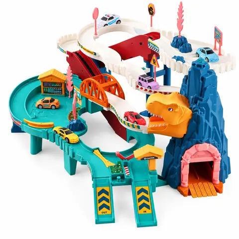 Electric Dinosaur Hill Car Race Track with Automatic Lift Ramp, Multi-Level Roads, Parking Garage, Mini Cars and Play Map, Ages 3–4