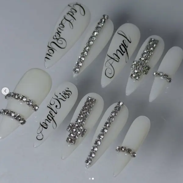 Custom White Rhinestone Cross Press On Nails, Angel Aesthetic Stiletto Fake Nails, Personalized Bridal Glam Nail Set Gift