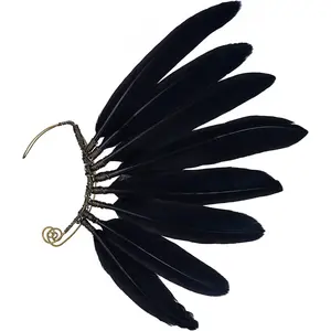 Black Faux Feather Ear Cuffs - Indian Ethnic Plume Ear Clips Viking Tribal Earrings Bronze Wire Wrapped Fairy Elf Ear Cuffs Wraps Fantasy Jewelry for Unisex Cosplay Costume Dress Accessories