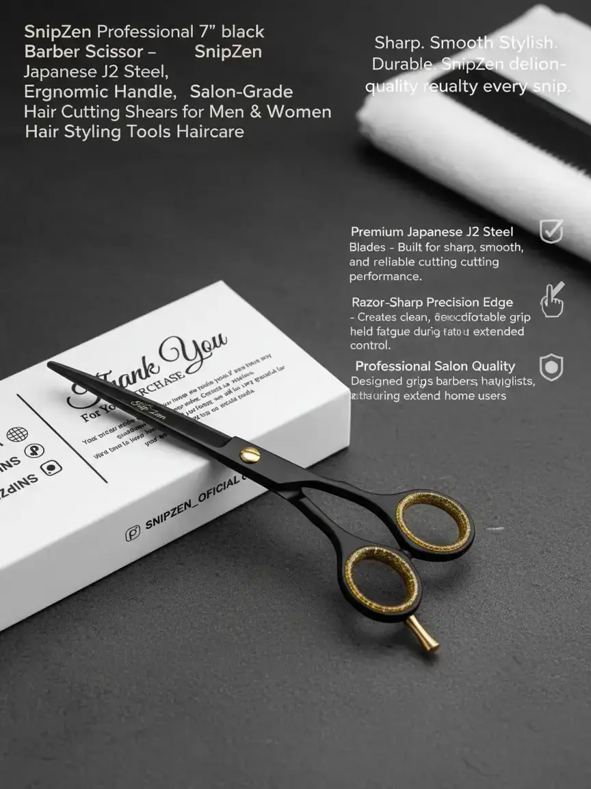 SnipZen Professional 7" Black Barber Scissors - Japanese J2 Stainless Steel, Ergonomic Handle, Smooth Salon-Grade Salon Equipment for Men’s & Women’s Hair Styling Tools sohochic