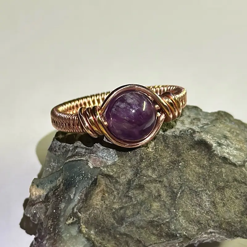 Copper and Amethyst Wire Wrapped Ring - Customized Sizes 5-13 for Spiritual Balance