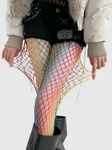 Women's Rainbow Gradient Fishnet Stockings, Large Mesh Pantyhose, Street Style Fashion Socks, Colorful Fishnet Stockings