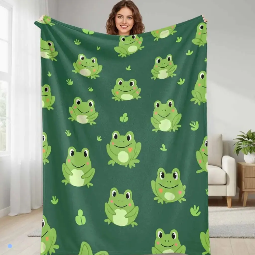 Cute Frog Cartoon Flannel Throw Blanket, 60x80in Large Size for Adults, Green Frog Print, Wrinkle-Resistant Soft Warm Lightweight Breathable Durable Fabric, Machine Washable, Cozy Aesthetic for Sofa, Home Decor Gift