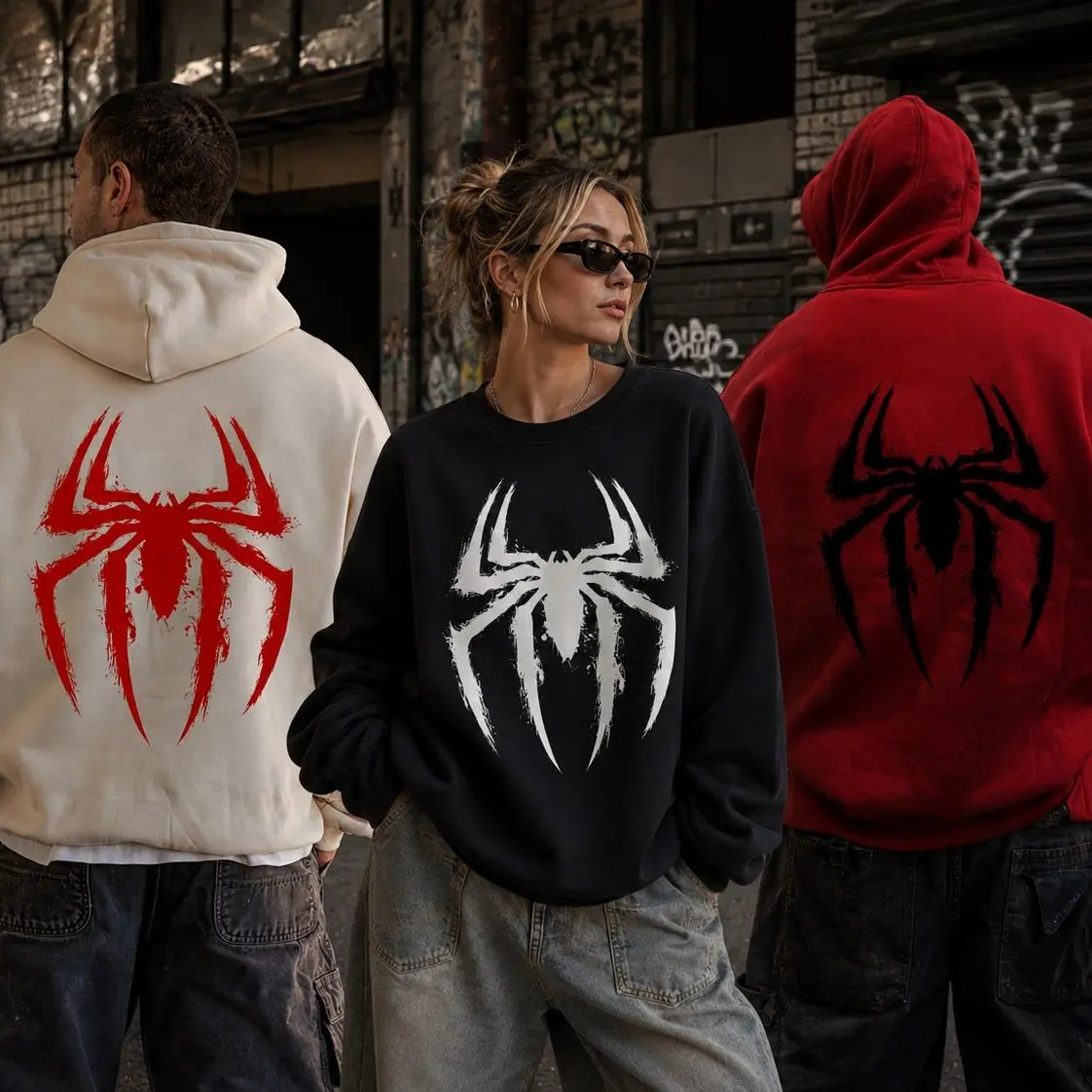 Spider Sweatshirt & Hoodie, Distressed Arachnid Symbol Pullover, Vintage Streetwear Graphic Top, Unisex Casual Fall Outfit