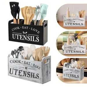 1 Rustic Wooden Kitchen Utensil Rack, 3 Compartment Countertop Organizer, Farmhouse Decor, Non-Food Contact, No Batteries Needed, Kitchen Storage Box | Decorative Utensil Holder | Handmade Appearance