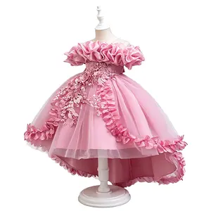 Girls Princess Dress High Low Long Train 3D Flowers  Party Outfit  Fancy Dress Up Gown Birthday Performance Elegant Style first  communion  dress，mothersdaygift
