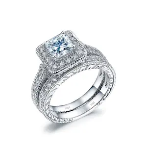Women's 2.50ct Halo Style Princess Cut Cubic Zirconia Sterling Silver Wedding Ring Set