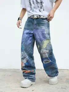 Men's Loose Fit Drop Crotch Wide Leg Pants, Art Graffiti Print Jeans, Versatile Trendy Casual Long Pants for Daily Commute