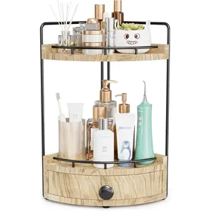2-Tier Corner Bathroom Counter Organizer with Drawer & Embedded Screw Holes - Wooden Countertop Organizers for Skincare, Makeup Storage, Bathroom Sink Counter Shelf for Vanity, Kitchen,