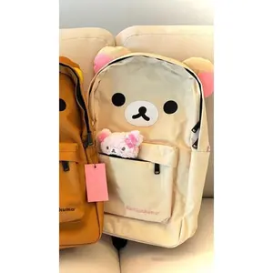 Kawaii Cartoon Rilakkumas Backpack Korilakkuma Embroidery Waterproof Nylon Backbag Large Capacity Girls Boys Student School Bag
