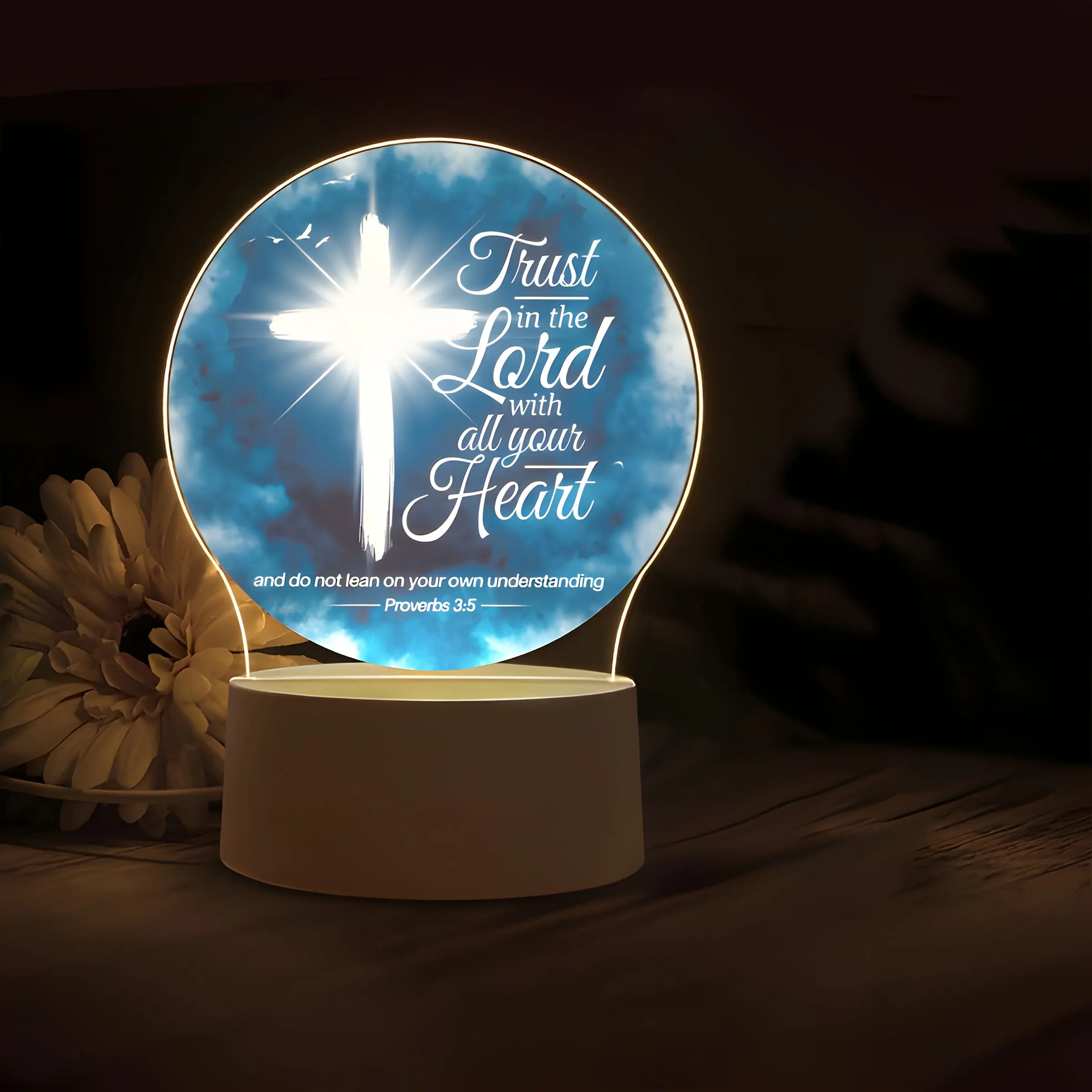 Acrylic Night Light with Cross Pattern, Bible Verse Print, LED Lamp for Home Office Church Desktop Decoration, Christian Gift