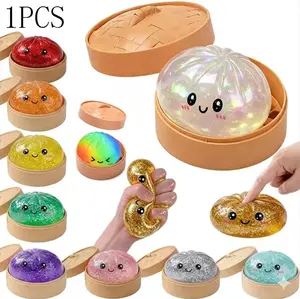 2026 10pcs Glitter Dumpling Squishy Blind Box with Steamer Box - Soft Sensory Steamer Bun Squeeze Toy for Stress Relief