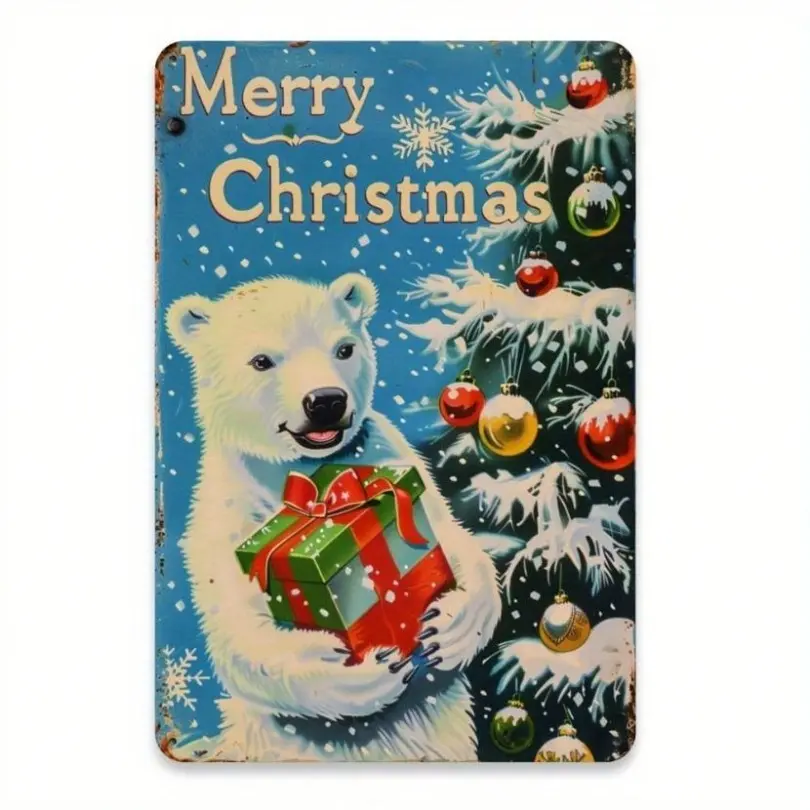Vintage Polar Bear Christmas Tin Sign 12x8 Inch Retro Metal Wall Decor for Home Office Cafe Garage Man Cave
