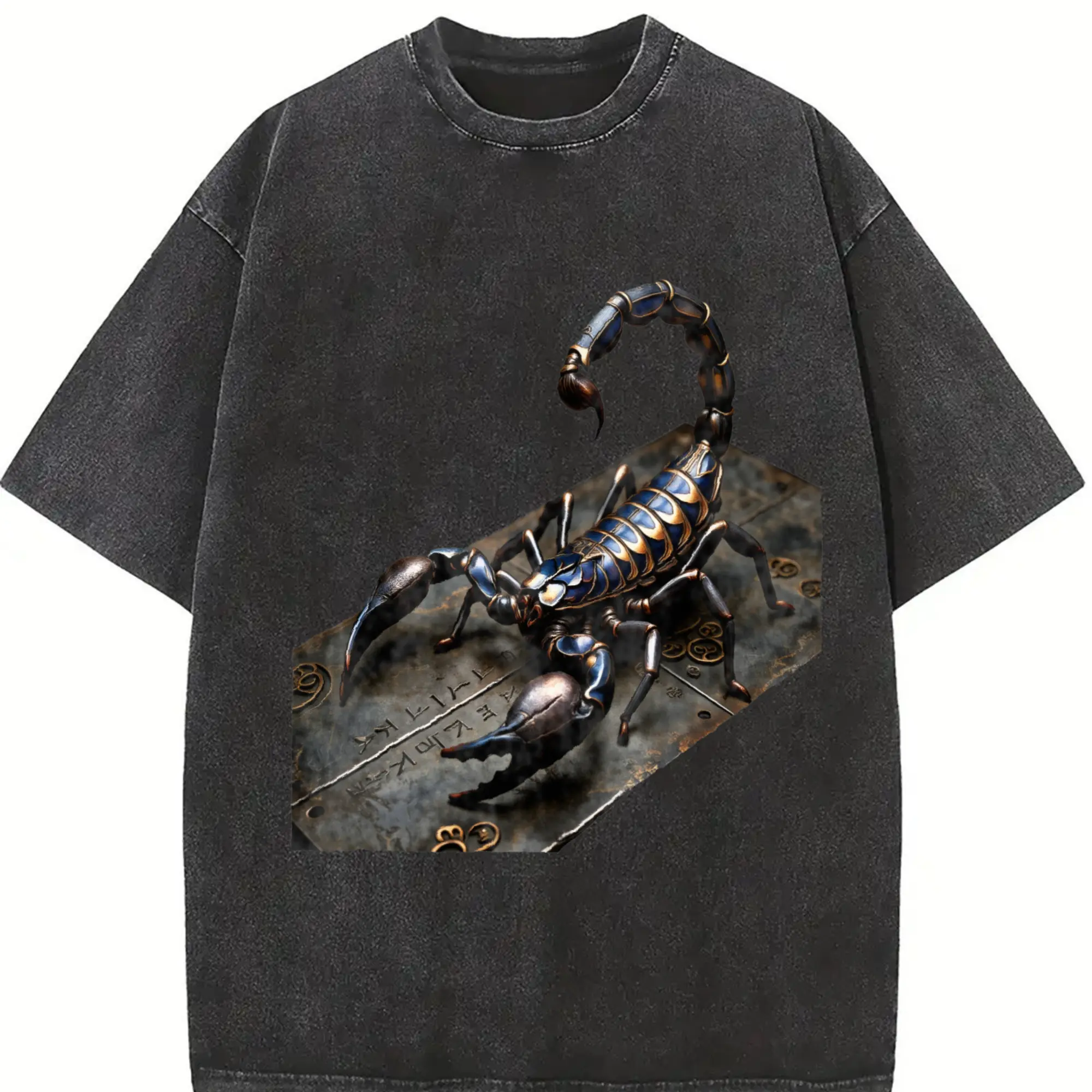 Menswear Casual Short-Sleeve Round Neck T-Shirt - Urban Explorer Statement Tee, 230gsm 100% Cotton, Realistic Bronze Scorpion on Stone Tablet, Garment Dyed Acid Washed, Ultra-Soft Breathable, Soft Grunge Streetwear Essential, Top