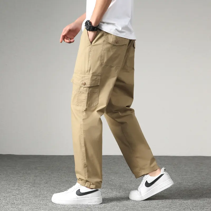 straight‑leg cargo pants, button‑flap side cargo pockets, multiple utility patch pockets, solid durable fabric, relaxed tapered fit, adjustable cuffed hem, classic utility workwear trousers for men casual daily street styling#sohochic