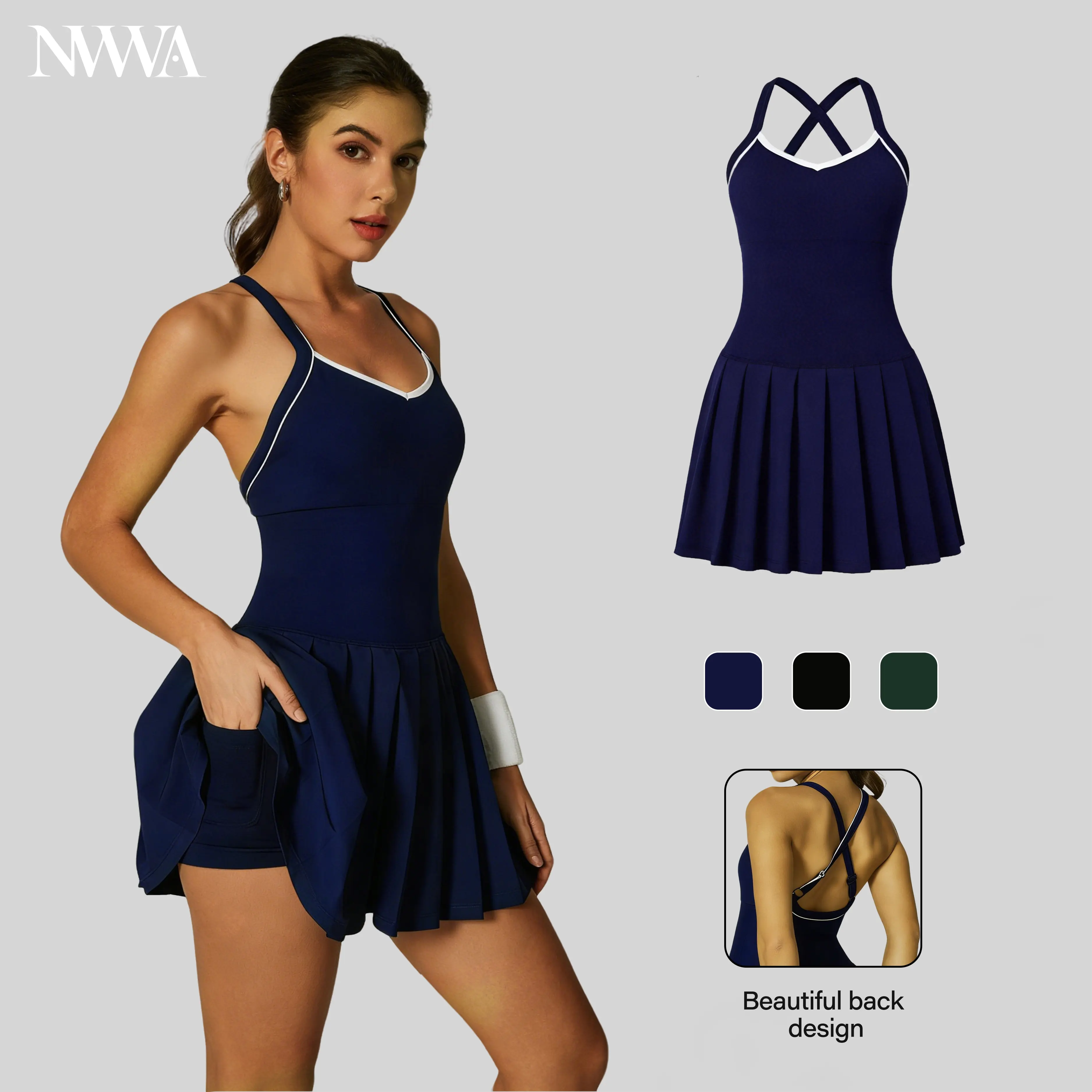 NVWA Women's Summervibes High-Stretch Contrast-Color Sports Dress Sleeveless Backless Yoga Gym Workout Dress with Shorts Pockets Cooling and Quick-drying Figure-flattering Casual Fashionable Tennis Dress Outdoor Fun tiktokshopbacktoschool