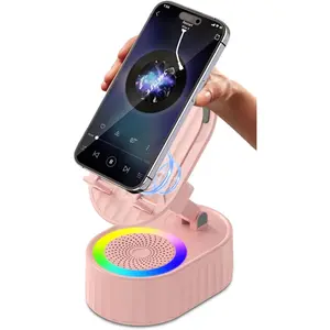 Wireless Induction Audio Bluetooth Speaker 5in1 Phone Holder Emergency Rechargeable (3000mAh) with Colorful Ambient Light 300 °   Foldable for Tablet iPhone Android, Womens Birthday Gifts(Pink)