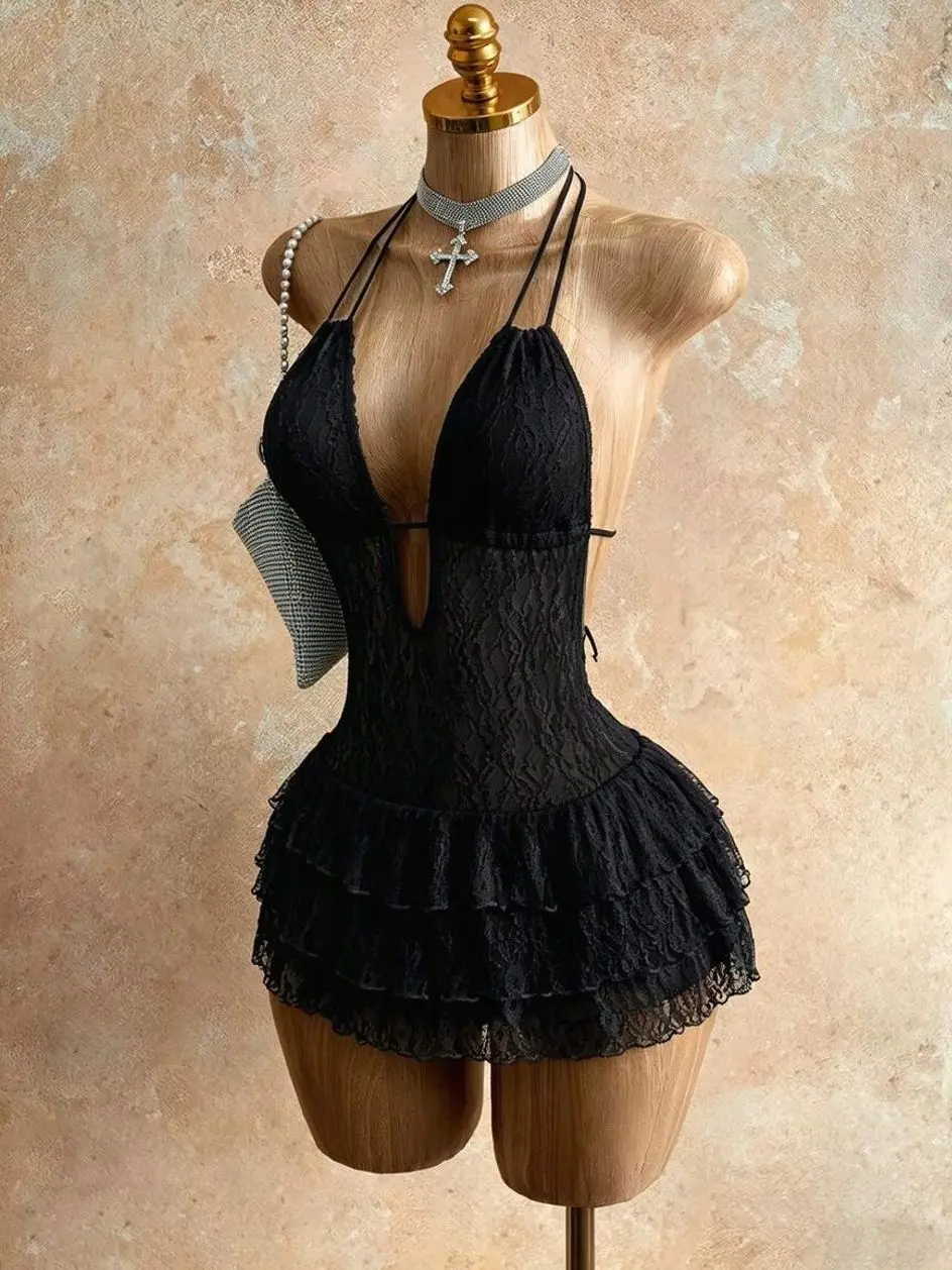Women's Black Lace V-Neck Jumpsuit, Sleeveless Sheer Club Romper, Sexy Beach Vacation Summer Outfit