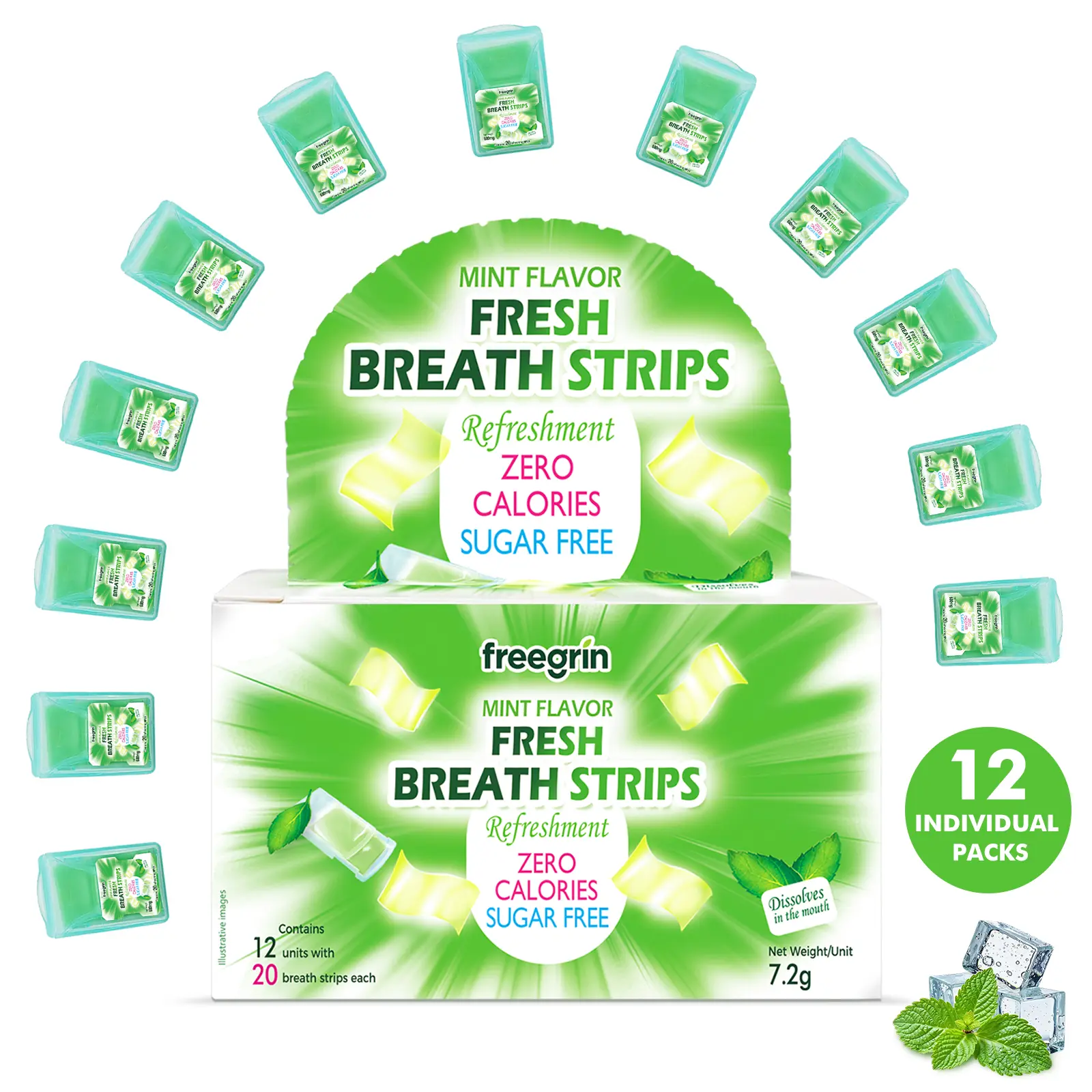 Freegrin Cool Mint Dissolving Breath Strips Pocketpaks, Bad Breath Killer Mint Oral Rinse, 12 Travel Mouthwash Packets (240 Strips Total), 0 Sugar, 0 Alcohol, Fast-Dissolving Oral Care