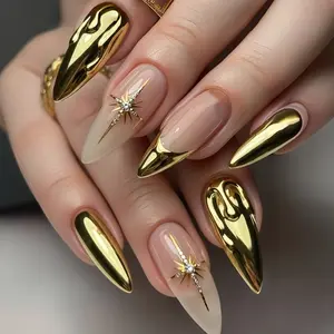 24pcs Spring New Almond Shape Press-On Nails, Metallic Tip, Easy to Apply Long Lasting Reusable, Elegant Nail Art, Diy Nails