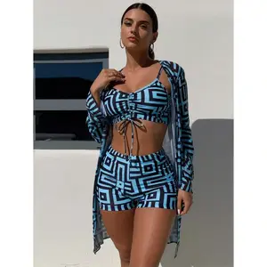 Women's 3 Piece Swimsuit - Sexy Bikini Set With Cover Up - Triangle Bathing Suit Tropical Beach Kimono Swimwear - Blue - S/M/L/XL