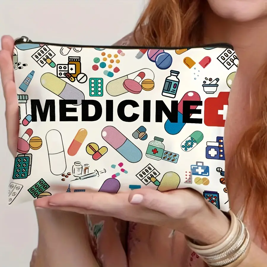 Medical Icons Makeup Bag, Cute Pharmacy Cosmetic Bag with Zipper Closure, Portable Travel Makeup Pouch for Healthcare Workers, Nurses & Medical Students