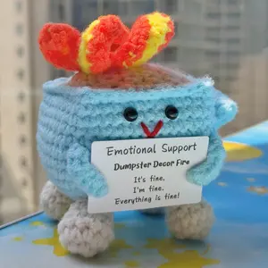 Emotional Support Dumpster Decor Fire, Funny Handmade Crochet Dumpster Knitting Doll, Cute Desk Accessories for Women Office (Blue)