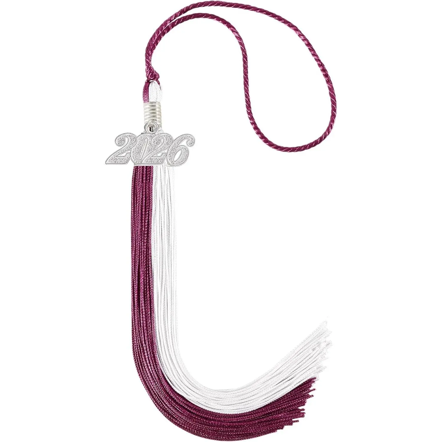 Graduation Tassel 2026 Double Color Tassel with Silver Year Charm 9" Maroon and White