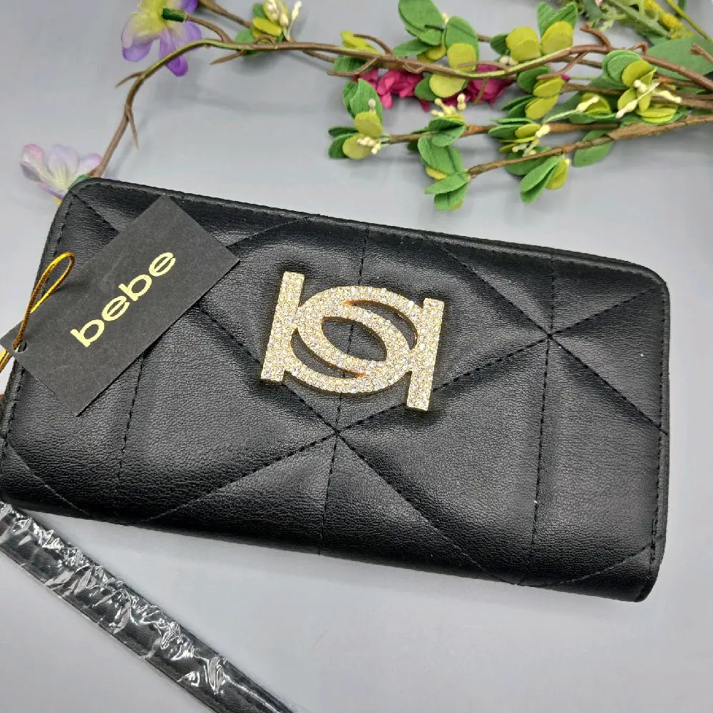 Bebe Women's Wallet Clutch Zaza zip around, Quilted black and golden zip