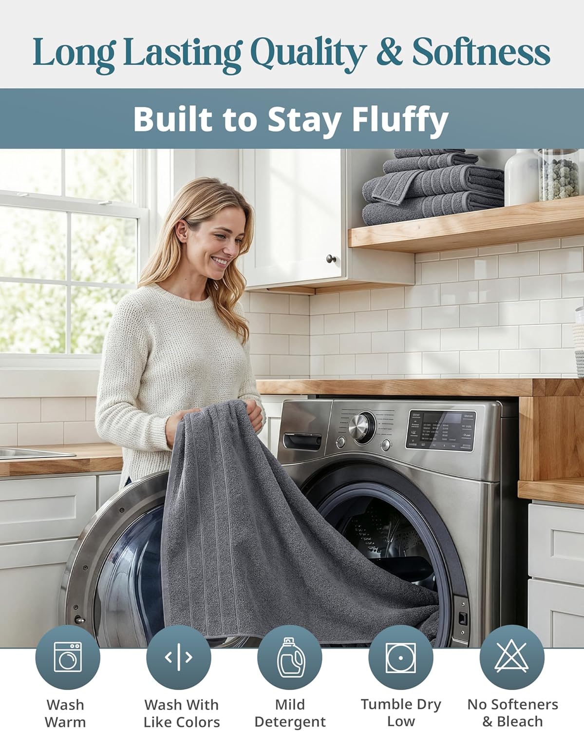 100% Cotton Towels Set for Bathroom - 12 Pc Family Pack - Super Soft & Quick Dry - 4 Bath, 4 Washcloth, 4 Hand Towels - Oeko TEX Certified, Machine Washable & Durable - Cool Grey