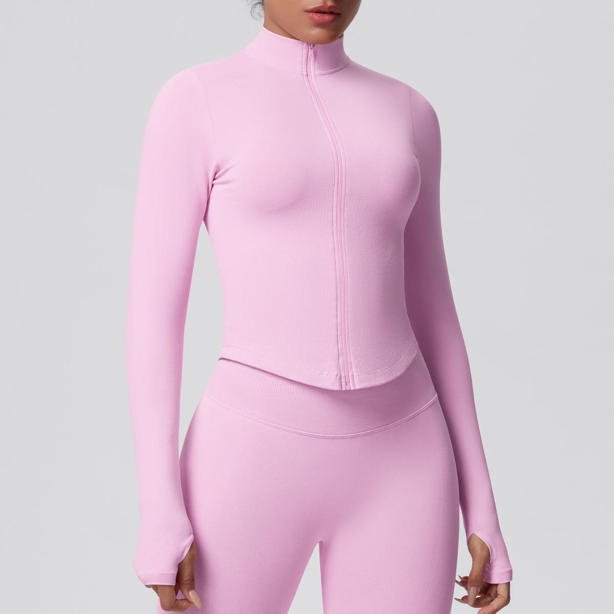 Women's Ribbed Cropped Yoga Jacket, Breathable Long Sleeve Zip-Up Compression Activewear with Thumb Holes for Gym & Running, Plus Size, Female, Large, Normal Type, Thumbhole Cuff, Tight, Slim-Fitting, Stretchable, Thumbholes, Slim Fit, Stretch Fabric