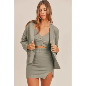MABLE 3 Pieces Sweater Set with Crop Cami, Mini Skirt, Cardigan