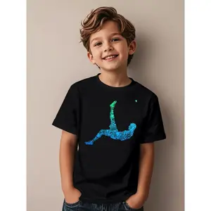 Kids Printed TShirt Soft Cotton Short Sleeve with Soccer Player Kicking Ball Design, Comfy & Breathable Black Tee for Active Boys & Girls, Trendy TikTok Fashion The comfortable and stretchy fabric is perfect for sports and play. Suitable for all occasions