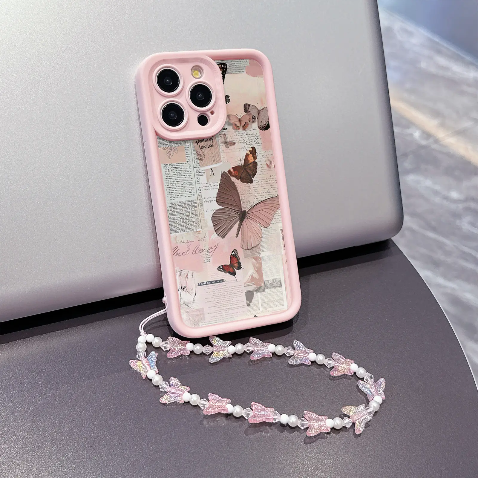 Two-Piece Set Butterfly Phone Strap Lanyard & Butterfly Tpu Durable Shockproof Anti-Drop Protective Case for iPhone Models, Ideal Gift for Couples & Teens