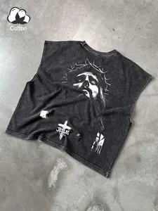Dark Religion Washed Cotton Sleeveless Vest, Jesus Crown Graphic Print, Breathable Fabric, Casual Streetwear, Gothic Style, Clothes, Fashion