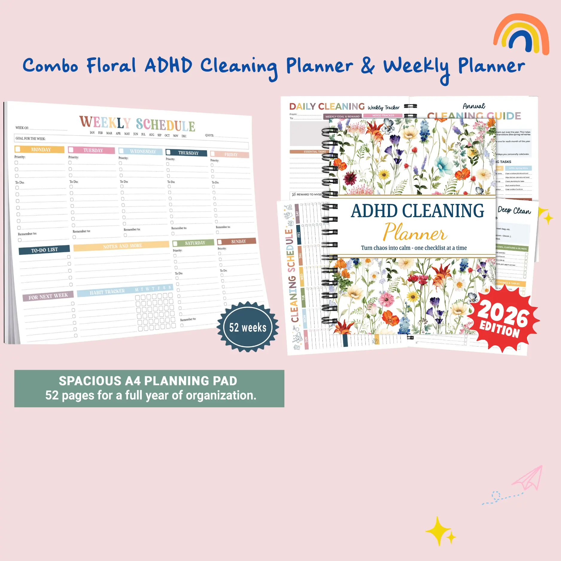 Combo FloralADHD Planner + 52-Week Rainbow Planner