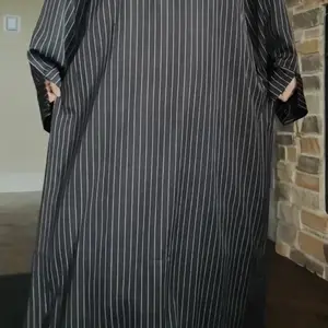 Muslim Women's Loose Striped V Neck Dress Robe, Islamic Clothes, Strong Wrapping, Contains Pockets, No Headscarf, Long Sleeve, Modest Style