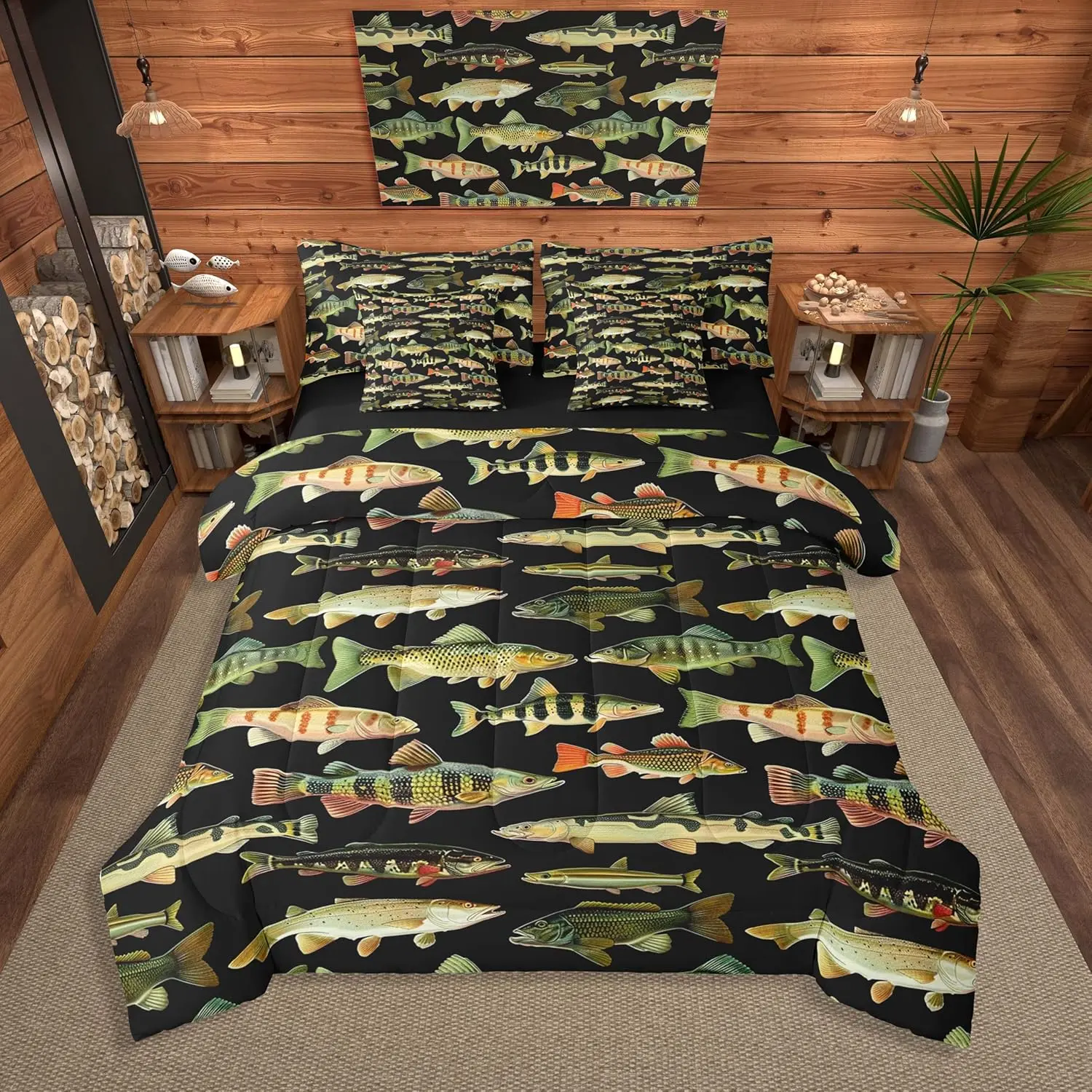 Feelyou 7-Piece Vintage Pike Fish Decorative Bedding Set - Queen Multi-Size Bed in a Bag, Fishing-Themed Linens with Comforter, Sheets, Pillowcases, Cushion Covers, Breathable, High Tensile Strength, Machine Washable