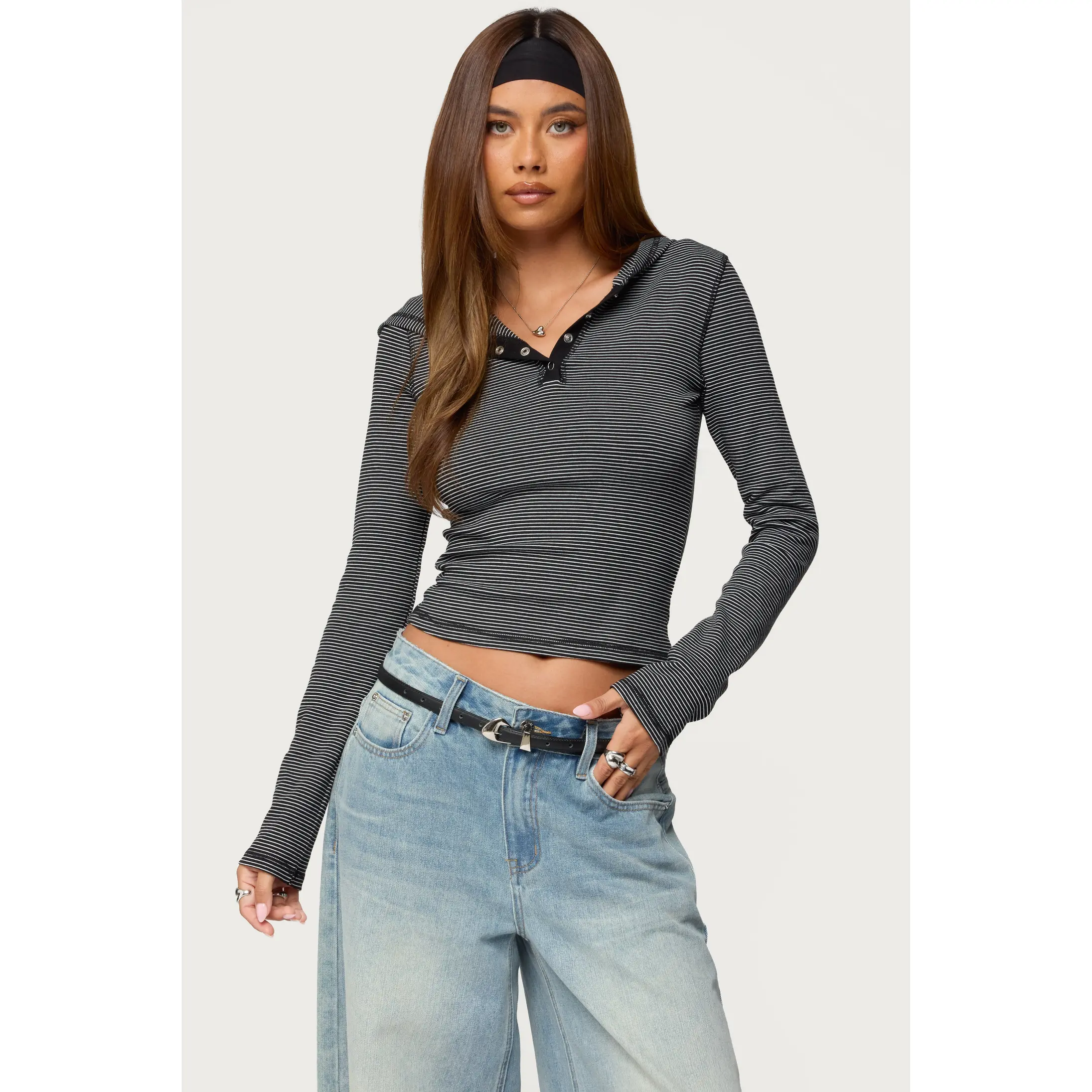 Damson Striped Hooded Henley Top