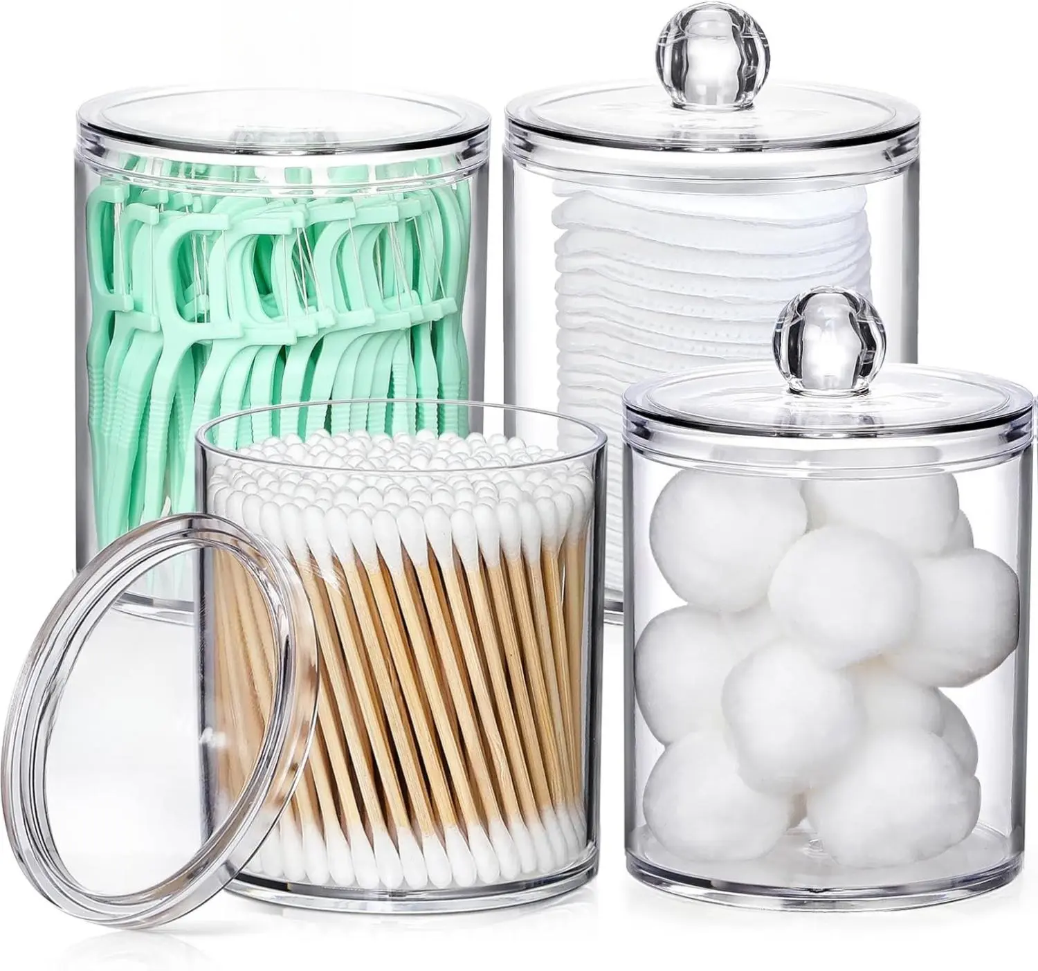 4 Pack Acrylic Qtip Holder Dispenser for Cotton Swabs, Balls, Pads, Floss Picks- Small Clear Plastic Canister Apothecary Jar Set, Bathroom Essentials Accessories Decor, Vanity Makeup Storage Organizer