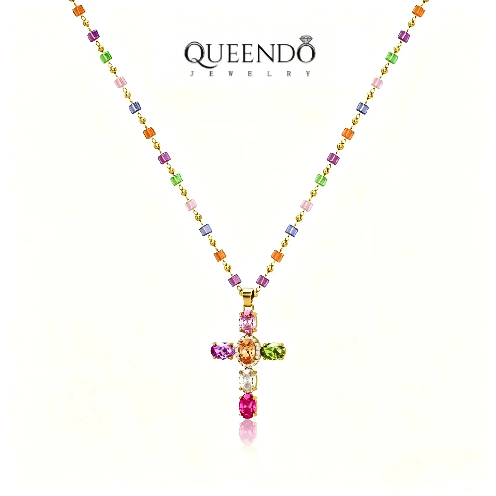 QUEENDO 14k Gold-plated multicolor cubic Zirconia Cross Biblical Faith Pendant Necklace - Rainbow Cross Christian Charm, Elegant Rhinestone-Inlaid Religious , Women's Layerable Faith Accessory, Women's everyday casual match item Jewelry