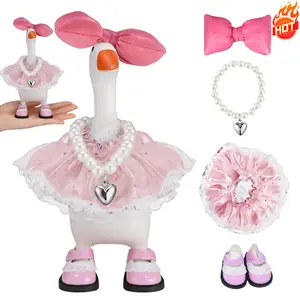 7 Inch Mini Desk Goose Statue Decor Set 4PCS Mini Goose White Outfits with Tiara Necklace Tutu Dress Wings Bow for Desk Key Holder