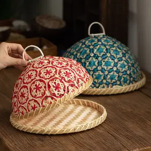 Handmade Rattan Woven South Sea Style Fruit Plate Bread Basket Round with Lid Insect-Proof Table Cover Fruit Leftovers Umbrella Organiser