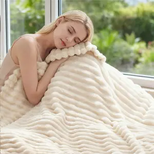 Raybee Cozy Soft Blankets - Faux Rabbit Fur Striped Throw Blanket for Couch, Travel,Office,Courtyard,Home Bedroom Decor Plush Outdoorfun,Flannel Throw Blanket,Perfect Gift Ideal