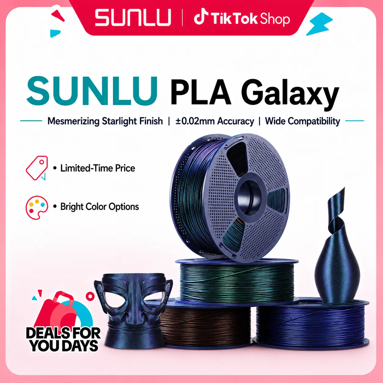 SUNLU Cosmic Theme PLA 3D Printing Filament, 1KG Smooth Clog-Free Print Filament with Sparkling Ultrafine Pearlescent Powder, Delivers Clog-Free Printing Experience for Fashion Pieces, Cosplay Props, Gifts-7169 tiktokshopbacktoschool