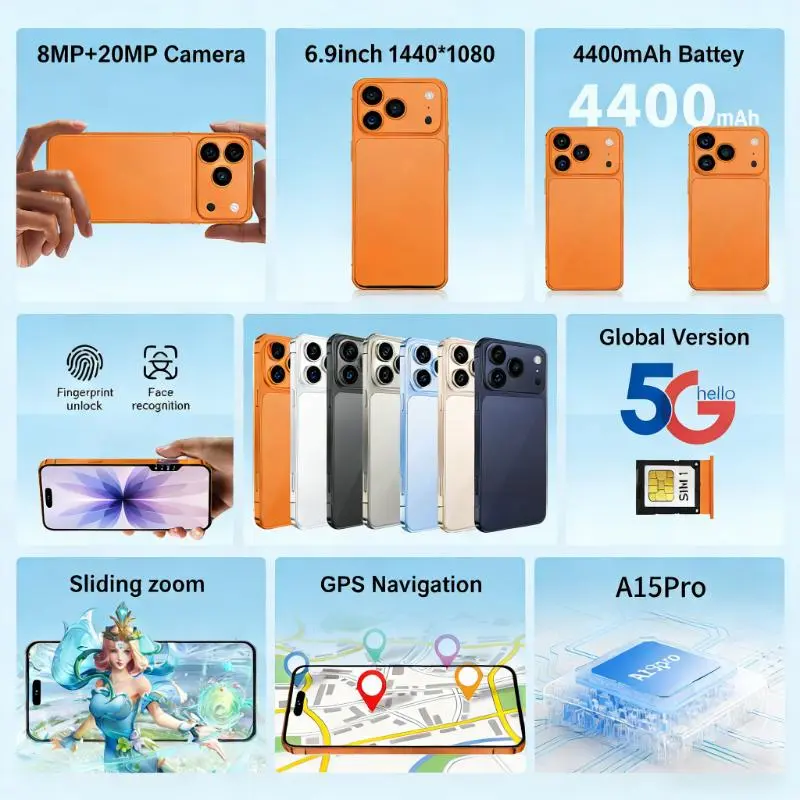 17pro max Andirond phones A17 PRO MAX Android Smartphone, 6.9 Inch Dual 8MP+20MP Cameras, Long-Lasting 4400mAh Battery, Fast Charging, OTG Function, Facial Recognition Unlocking, 8GB RAM +128GB ROM, 4G Network, Unlock Cellphone smart phone