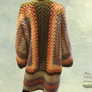 Handmade Crochet Maxi Cardigan in Vibrant Multicolor Stripes with Unique Granny Square Design